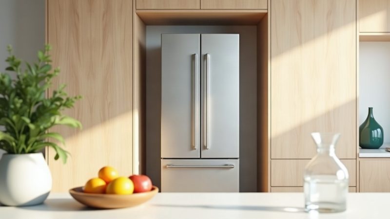 Geladeira de inox com portas lisas encaixada em nicho de armários de madeira, com folga para ventilação, em cozinha clara