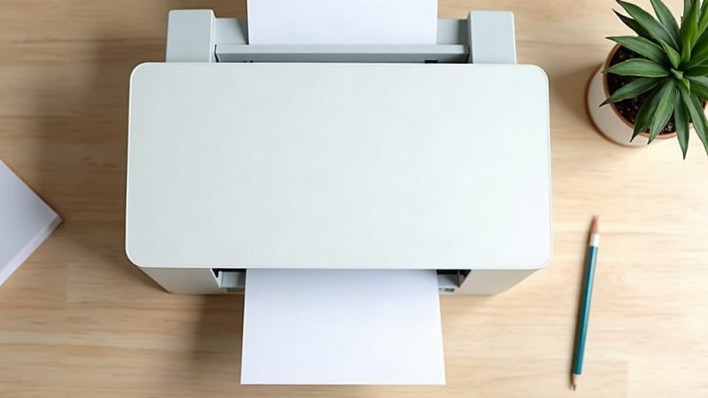 Impressora branca genérica vista de cima sobre escrivaninha de madeira clara, com folha em branco saindo da bandeja