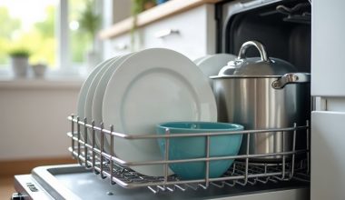 Cesto inferior de lava-louças aberto com pratos brancos, panela de inox e tigela azul-esverdeada em cozinha clara