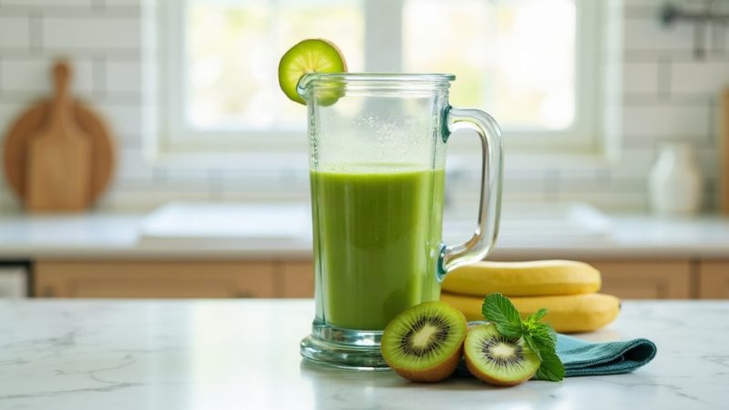 Jarra de vidro de liquidificador com suco verde sobre bancada de mármore, com kiwi, banana e hortelã