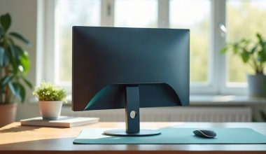 Monitor de computador visto por trás sobre mesa de madeira clara com mousepad verde-azulado, em sala com luz natural