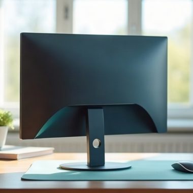 Monitor de computador visto por trás sobre mesa de madeira clara com mousepad verde-azulado, em sala com luz natural