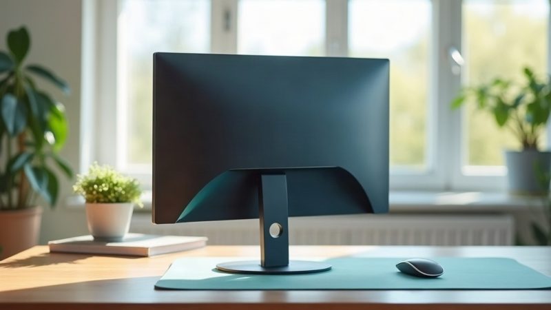 Monitor de computador visto por trás sobre mesa de madeira clara com mousepad verde-azulado, em sala com luz natural