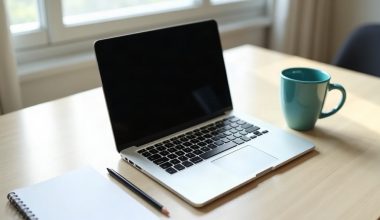 Notebook prateado aberto sobre mesa de madeira clara ao lado de caderno, lápis e caneca azul-turquesa
