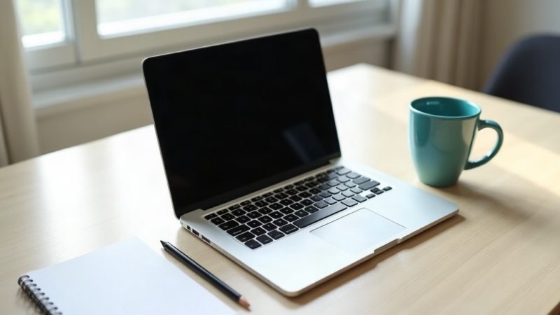 Notebook prateado aberto sobre mesa de madeira clara ao lado de caderno, lápis e caneca azul-turquesa