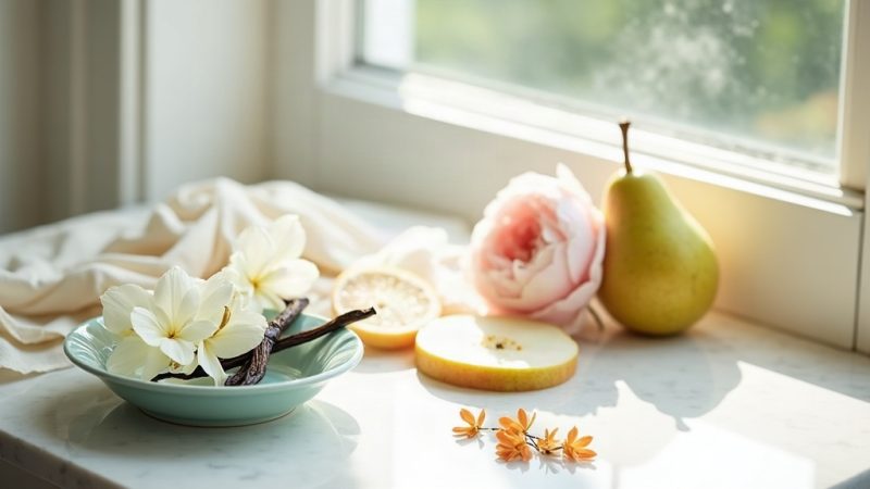 Flores de jasmim, peônia, favas de baunilha e pera sobre bancada de mármore clara com tigela verde-azulada