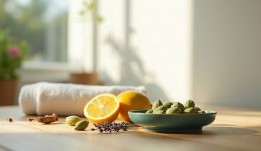 Bancada de madeira clara com limão-siciliano cortado, cardamomo em tigela teal, lavanda e toalha branca, ingredientes comuns em perfumes masculinos