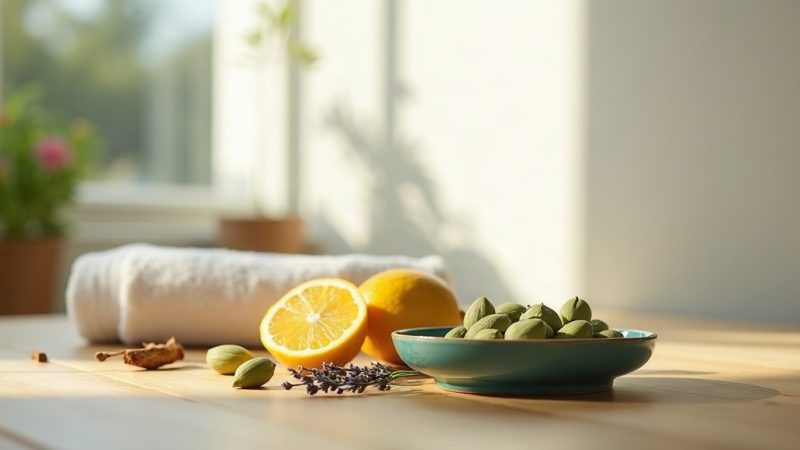 Bancada de madeira clara com limão-siciliano cortado, cardamomo em tigela teal, lavanda e toalha branca, ingredientes comuns em perfumes masculinos