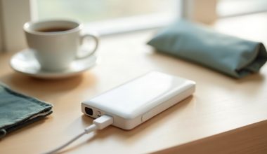 Power bank branco genérico ligado a um cabo sobre mesa de madeira clara, ao lado de uma xícara de café e de uma bolsa de viagem verde-azulada