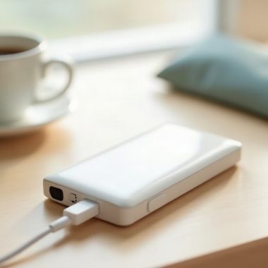Power bank branco genérico ligado a um cabo sobre mesa de madeira clara, ao lado de uma xícara de café e de uma bolsa de viagem verde-azulada