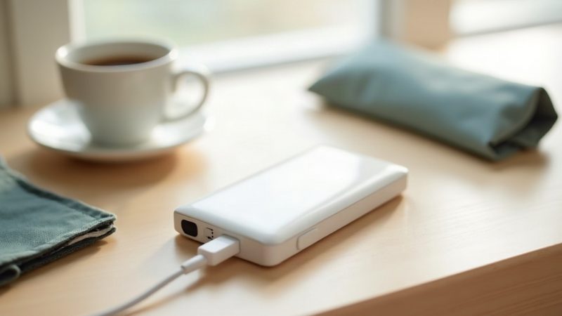 Power bank branco genérico ligado a um cabo sobre mesa de madeira clara, ao lado de uma xícara de café e de uma bolsa de viagem verde-azulada
