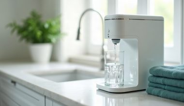 Purificador de água branco sobre a bancada da cozinha enchendo um copo de vidro com água
