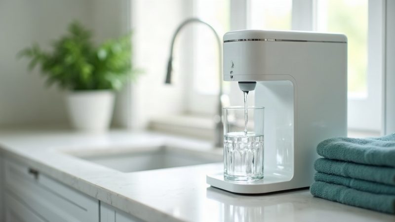 Purificador de água branco sobre a bancada da cozinha enchendo um copo de vidro com água