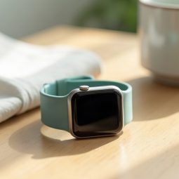 Smartwatch genérico com pulseira teal sobre mesa de madeira clara ao lado de uma xícara e um guardanapo