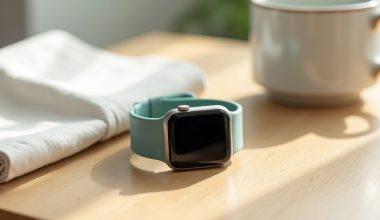 Smartwatch genérico com pulseira teal sobre mesa de madeira clara ao lado de uma xícara e um guardanapo
