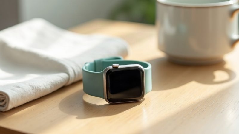 Smartwatch genérico com pulseira teal sobre mesa de madeira clara ao lado de uma xícara e um guardanapo