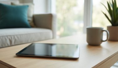 Tablet sobre mesa de centro de madeira numa sala clara, ao lado de uma caneca e de uma planta