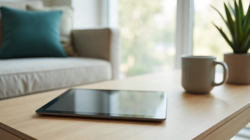 Tablet sobre mesa de centro de madeira numa sala clara, ao lado de uma caneca e de uma planta