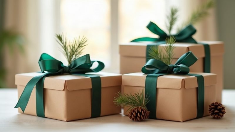 Caixas de presente embrulhadas em papel kraft com laços de fita verde-azulada, raminhos de pinheiro e pinhas sobre uma mesa clara perto da janela