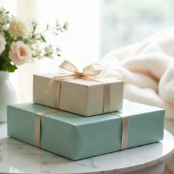 Duas caixas de presente em papel creme e verde-azulado com fita de cetim sobre mesa de mármore, ao lado de flores brancas e uma xícara rosa