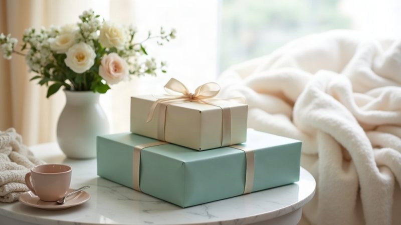 Duas caixas de presente em papel creme e verde-azulado com fita de cetim sobre mesa de mármore, ao lado de flores brancas e uma xícara rosa